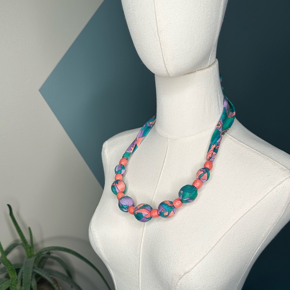 VTG 80s Fabric Bead Necklace Multicolor Geometric Print Jewelry Adjustable Tie - Picture 3 of 6
